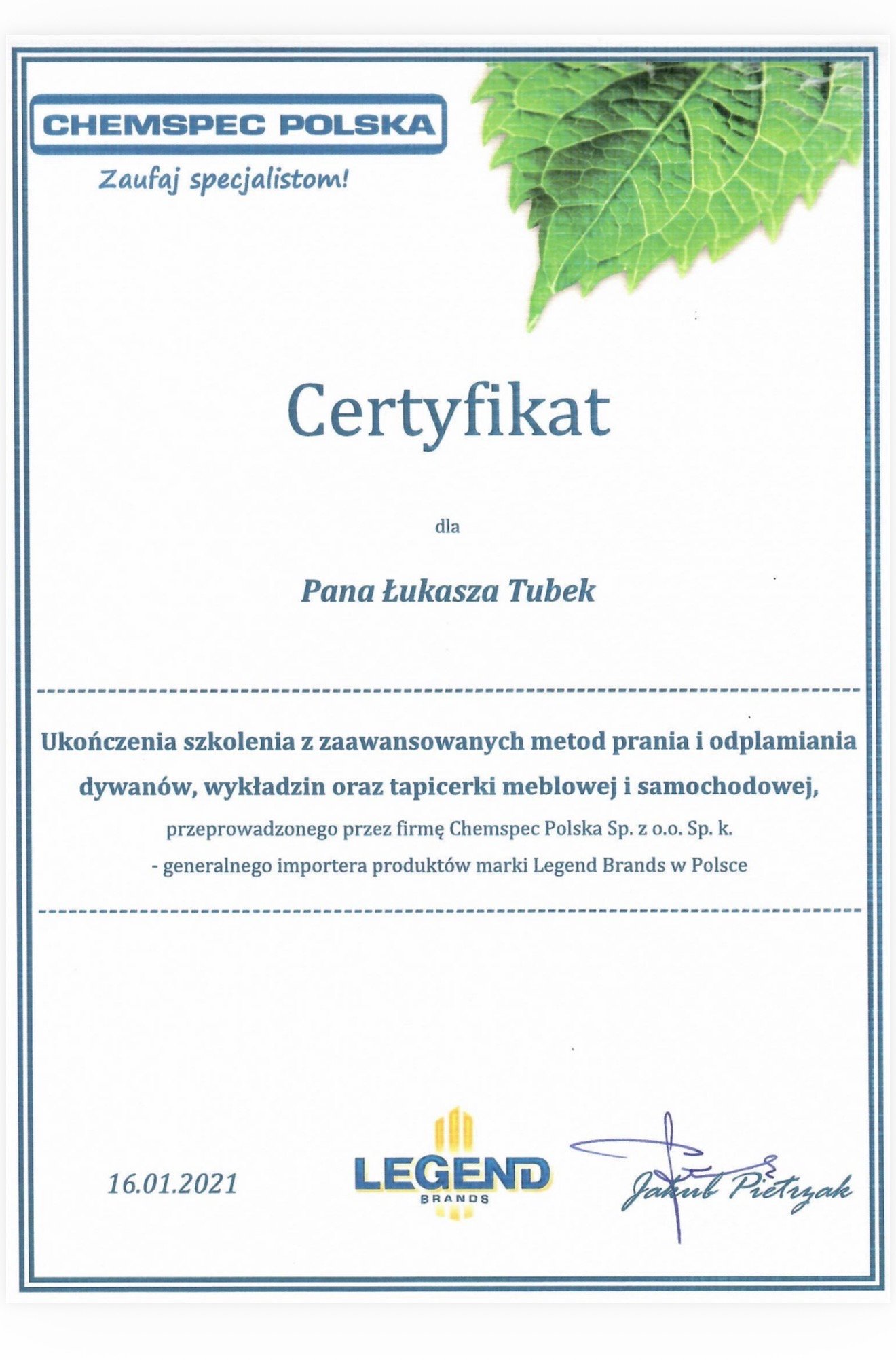 Certyfikat Chemspec Polska dla Łukasza Tubek